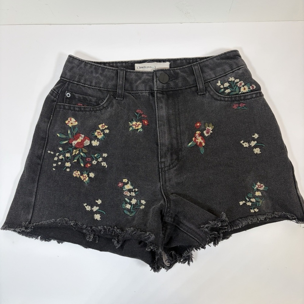 Banjara Floral Embroidered Denim Shorts Womens 0/23 Black Raw Hem Boho Festival‎